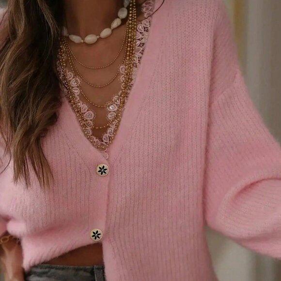 Pink Casual Women's V Neck Lace Trim & Rhinestones Cardigan - Picture 5 of 8